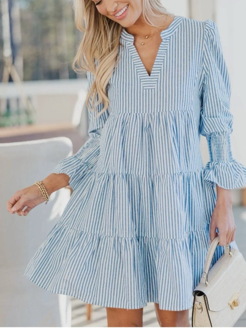 Light Blue White Striped Mini Dress Puff Sleeves Gathered Ruffles Size M L XL